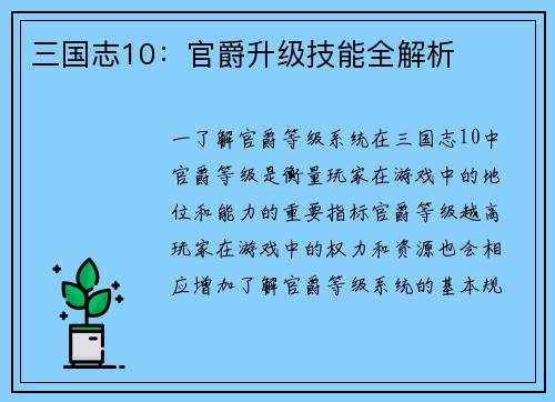 三国志10：官爵升级技能全解析